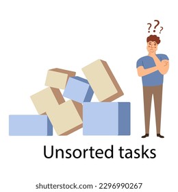 Tareas sin ordenar.Trabajador de oficina lleno y exasperado.Organización de flujo de trabajo productivo.Administración de tareas. Ilustración vectorial.Aislada en fondo blanco.