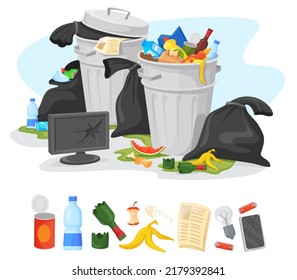 Unsorted trash dumpster. Overflowing garbage bucket, pile city rubbish bags cans, litter heap, cartoon dirty metal bin overflow rotting food plastic waste, vector illustration of rubbish waste garbage