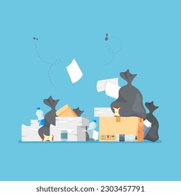 Unsorted trash. Pile of wastes. Garbage is smelling ugly and started to decompose. Bags full of rubbish near the dust bin. Vector illustration in trendy flat style isolated.