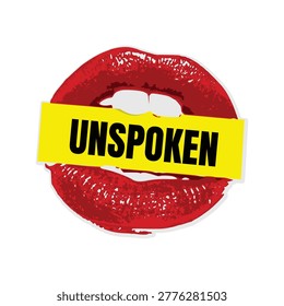 Unspoken Lips with Yellow Warning Tape Flat Vector Illustration