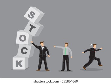 Unstable alphabet block spelled Stock collapsing and different people reaction to it. Creative vector illustration for stock market crash and behavior of different investors and businessmen.
