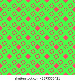 Unstable arrange of shape, square shape on the green background, geometry shape pattern, red flower on the green grass, printed fabric pattern