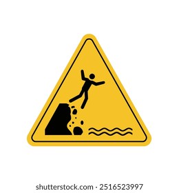 Unstable cliff edge warning sign with person falling inside yellow triangle board. Suitable for poster and web icon use