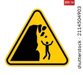 Unstable cliff warning sign. Vector illustration of yellow triangle sign with human falling from edge of land. Caution crumbling slope. Risk of injury, death. Danger crag symbol. Falling into abyss.