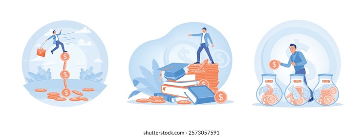 Unstable investment markets. Financial success for education. Financial planning for family, health, and travel. Investing money in self-development concept. Set flat vector illustration.