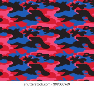 Unsteady geometry. Seamless pattern. Black, blue and red spots on a pink background. Vector 10 EPS.