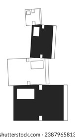 Unsteady pile of cardboard boxes black and white 2D line cartoon object. Unstable stacked parcels isolated vector outline item. Precarious arranging packages monochromatic flat spot illustration