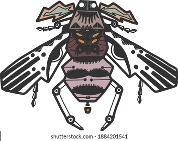 Unstrictly symmetric honeybee vector illustration. Hand drawn sketch style. 