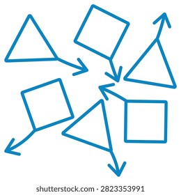 Unstructured data and dispersion vector line icon. Mixed geometric shapes with multidirectional arrows representing data chaos, entropy, and decentralization