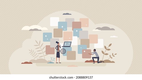 Unstructured data with random order and without structure tiny person concept. Information file optimization for machine learning and info storage efficiency vector illustration. Large database amount