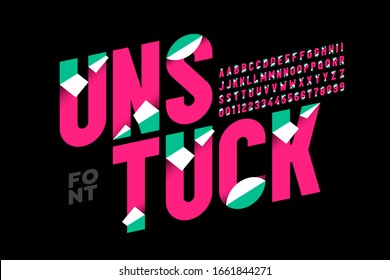 Unstuck style font design, alphabet letters and numbers vector illustration