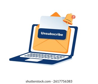 Unsubscribe email exit from mailing list, cancel subscription button, remove or leaving marketing email, delete or rejection concept. Pointer push unsubscribe button. Vector illustration isolated