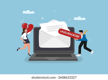 Unsubscribe from Email Marketing Concept Illustration Man Cancelling Newsletter on Laptop, Rejecting Promotional Messages and Removing Spam Emails for Better Digital Privacy and Clean Inbox.