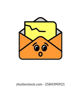 Unsubscribe line icon with sad smile face on envelope with yellow teared letter sheet. Surprising emoticon on paper documents stuff. E-mail marketing theme concept. Adjustable stroke.