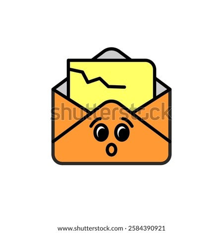 Unsubscribe line icon with sad smile face on envelope with yellow teared letter sheet. Surprising emoticon on paper documents stuff. E-mail marketing theme concept. Adjustable stroke.