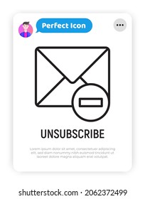 Unsubscribe thin line icon, envelope with minus. Modern vector illustration.