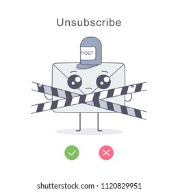 Unsubscribe vector cartoon flat illustration with newsletter postman character, caution tape and yes or no check marks isolated on white background.