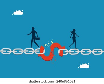 Unsuccessful agreement on benefits. Two businessmen on money connecting broken chain 