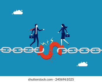 Unsuccessful agreement on benefits. Two businessmen on money connecting broken chain 