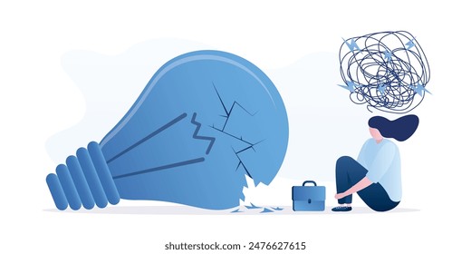 Unsuccessful brainstorming, concept. Overcoming difficulties with new ideas, lack of creativity. Unhappy businesswoman sitting near extinguished and broken light bulb. Mental crisis. Flat vector