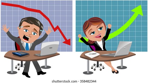 Unsuccessful businessman and successful businesswoman working with computer at own office desk in front of negative and positive graph isolated