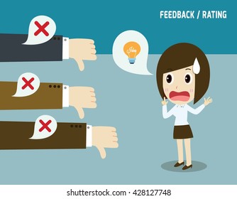 Unsuccessful businesswoman.
Negative feedback conceptual.
Colleagues dislike that idea.
not accepted concept.
cartoon flat vector illustration.
