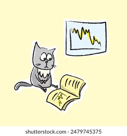 Unsuccessful cat investor read book about economic and financial literacy, hand drawn design isolated on white background. Animal learns to trade on stock exchange. Smart animal with textbook. vector