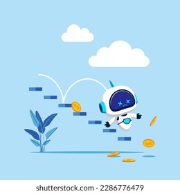 Unsuccessful development artificial intelligence and Bankruptcy. Collapsing robot artificial intelligence. Modern vector illustration in flat style