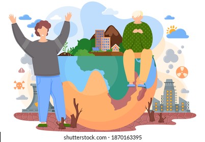 Unsuccessful Earth care. Globe polluted by factories. Planet destroyed by human activity. A boy is sitting on the globe. Guy happily raises his hands. Ecological problems. People trying to save nature