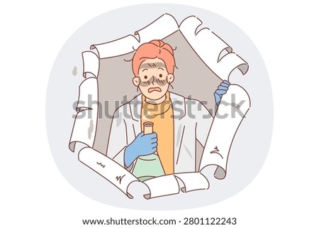 Unsuccessful experiment made by female chemist caused explosion of reagent from flask. Girl chemist with dirty face looks out of torn paper after failing scientific work with hazardous substances