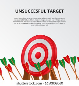 unsuccessful and fail of archery arrow on 3D target board. off and miss target business goals illustration concept. poster banner template