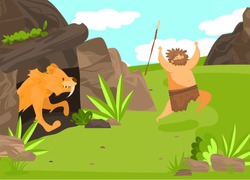 Unsuccessful Hunting, Character Male, Saber Toothed Tiger From Cave Attack Man With Spear, Flat Vector Illustration. Ancient Tribe On Hunt, Wildlife Nature, Design Banner For Old Ages.