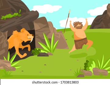Unsuccessful hunting, character male, saber toothed tiger from cave attack man with spear, flat vector illustration. Ancient tribe on hunt, wildlife nature, design banner for old ages.