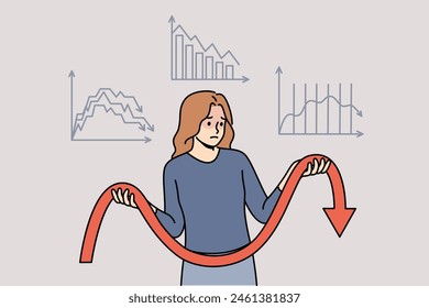 Unsuccessful investments cause negative emotions in woman standing among declining charts. Girl had bad luck and lost income or investments due to crisis and lack of financial analysis