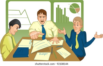 Unsuccessful meeting. Vector image of a meeting where the boss shouts at employees and points with his finder on someone from them.