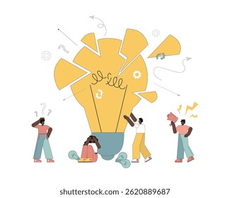 Unsuccessful project. People look in despair at a broken light bulb, idea, project