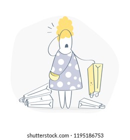 Unsuccessful Shopping, cute upset cartoon woman wearing dress looking at shopping bags without purchases, empty shopping cart. Flat elegant linear vector isolated illustration on white background