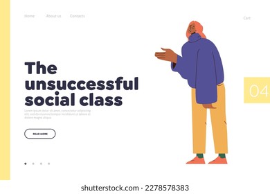 Unsuccessful social class landing page template for online services supporting poor people. Unhappy woman with outstretched hand asking for help vector illustration. Poverty and unemployment concept