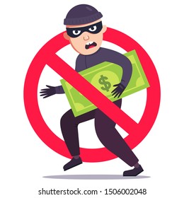 unsuccessful theft of money. crossed out burglar sign with dollar bill. flat vector illustration.