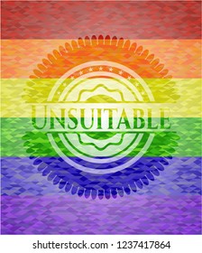 Unsuitable emblem on mosaic background with the colors of the LGBT flag