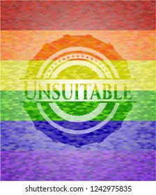 Unsuitable emblem on mosaic background with the colors of the LGBT flag