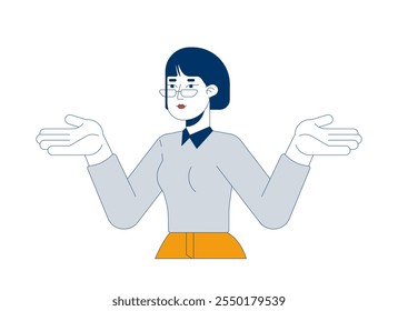 Unsure business casual asian woman shrugging shoulders 2D cartoon character. Korean female professional questioning doubting isolated person flat vector on white background. Spot illustration colorful