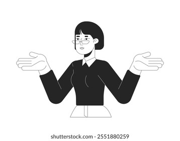 Inseguro negocio casual mujer asiática encogiéndose de hombros blanco y negro 2D línea de carácter. Empleada coreana cuestionando a persona de perfil de Vector aislada dudosa. Ilustración de punto monocromático