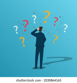 Unsure businessman thinking and doubting with question mark concept