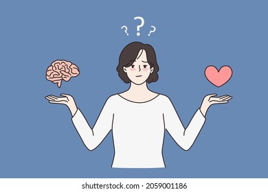 Unsure doubtful woman choose between brain and heart. Indecisive girl make choice among love and reason. Harmony and balance. Emotional intelligence. Thinking and emotions. Vector illustration. 