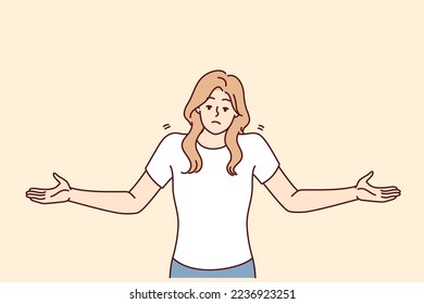 Unsure woman throws up hands demonstrating lack of correct answer to question asked. Non-professional girl in casual clothes shows lack of solution to problems that have arisen. Flat vector image