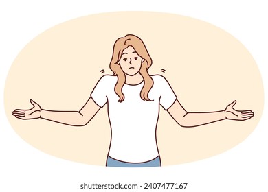 Unsure woman throws up hands demonstrating lack of correct answer to question asked. Non-professional girl in casual clothes shows lack of solution to problems that have arisen. Flat vector image