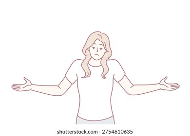 Unsure woman throws up hands demonstrating lack of correct answer to question asked. Non-professional girl in casual clothes shows lack of solution to problems that have arisen. Flat vector image
