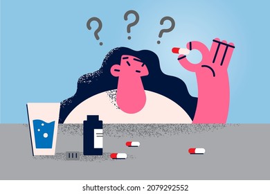 Unsure Young Woman Make Decision About Drug Taking. Frustrated Girl Feel Doubtful Confused About Antidepressant Or Antibiotic Therapy. Medicine And Healthcare Concept. Vector Illustration. 