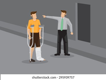 Unsympathetic employer pointing away and laying off injured employee with leg in plaster cast. Conceptual vector illustration for social issues like discrimination and prejudice.